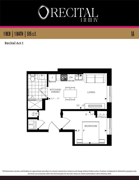 Floor plan for 1 bed, 1 bath, 515 sqft